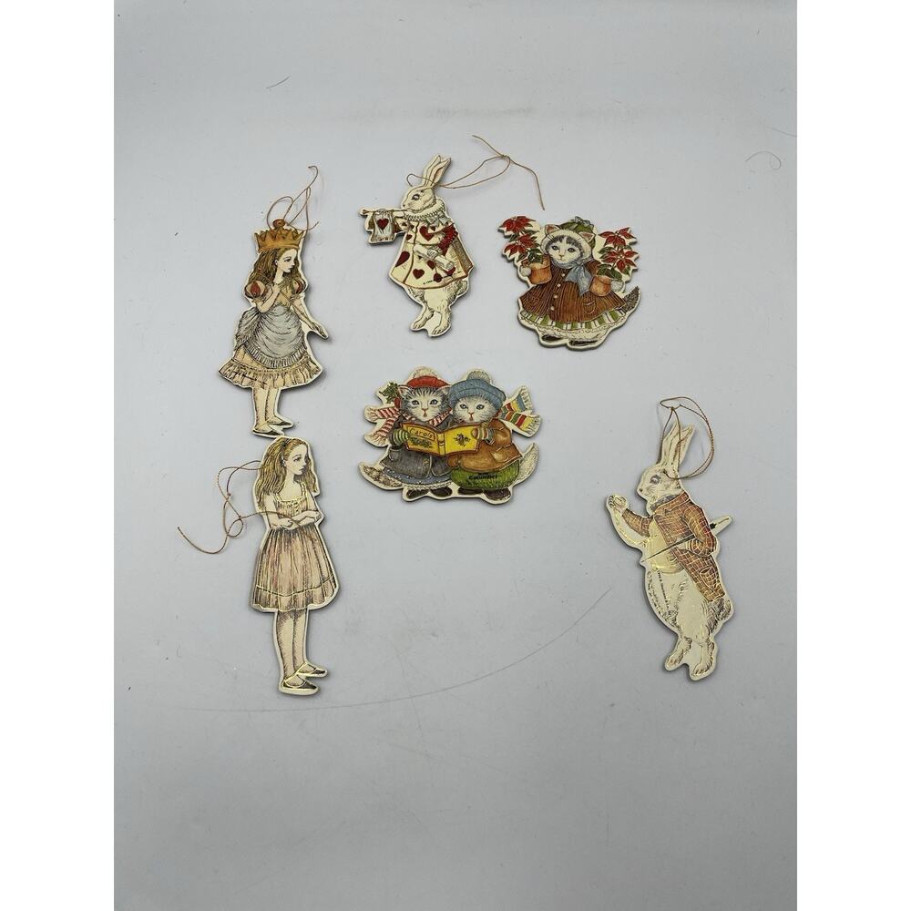 Vintage B. Shackman & Merrimack Alice In Wonderland & Kitty Ornaments Lot Of 6